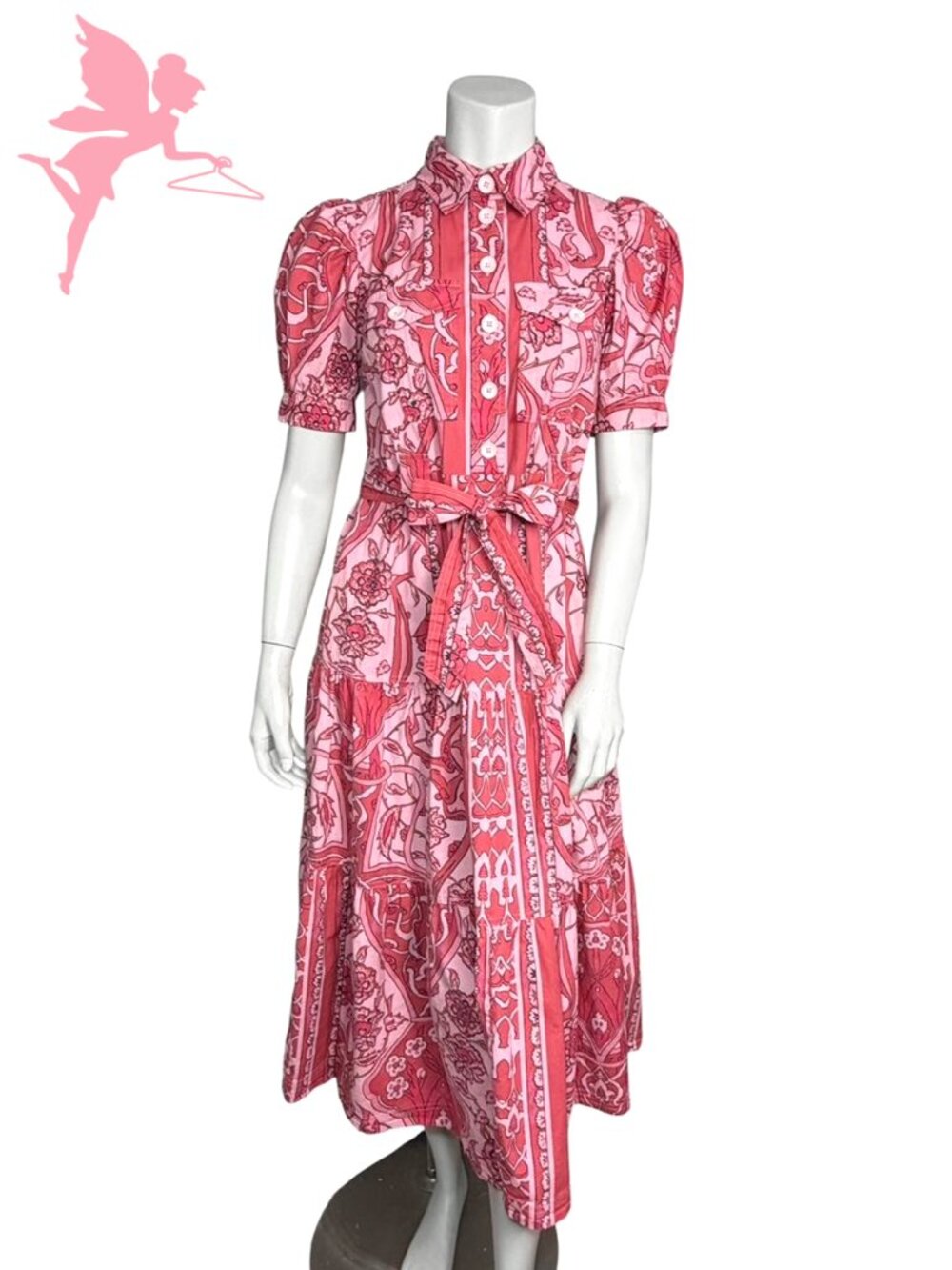 DEREK LAM COLLECTIVE Buffy Pink Floral Tiered Utility Shirt Midi Dress
